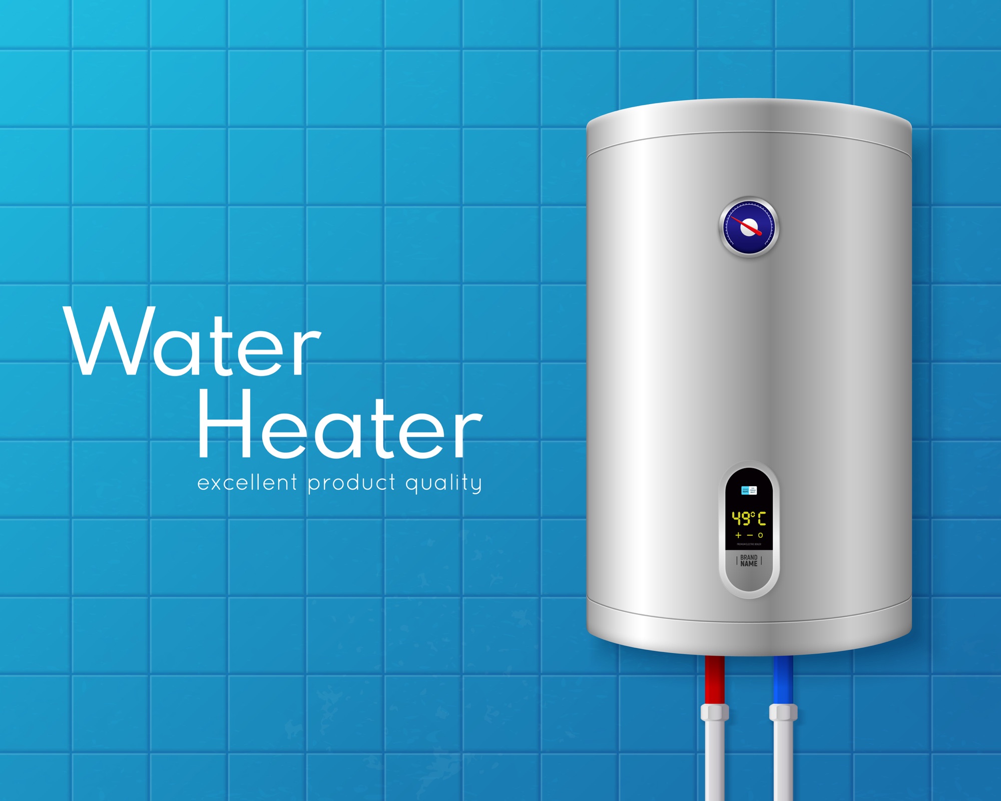 Illustrated electric water heater on a blue tiled wall