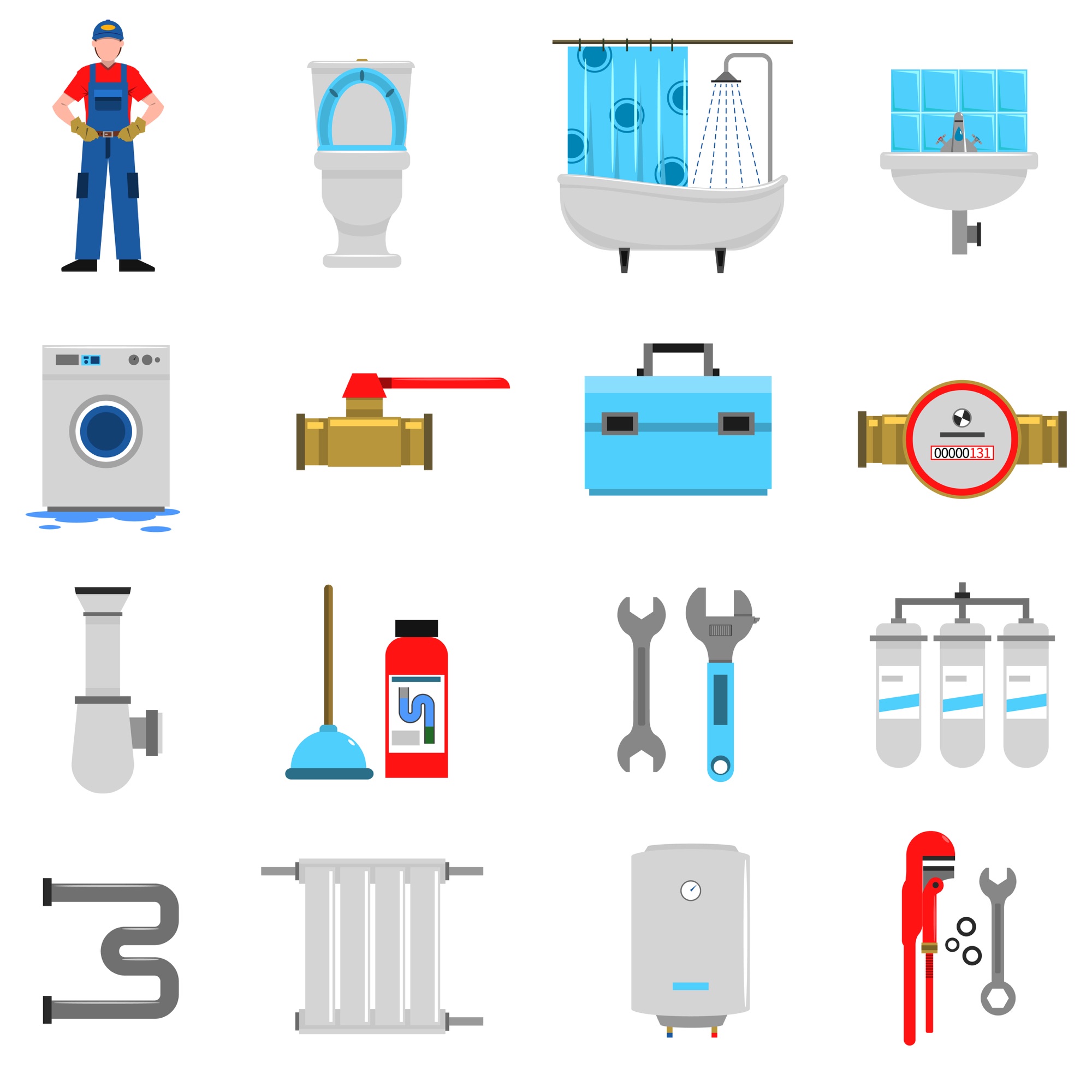 Grid of illustrated plumbing fixtures, tools and equipment