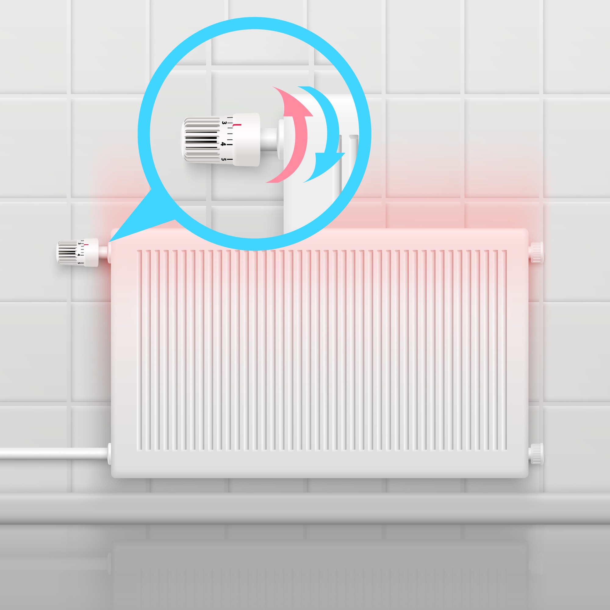 Illustrated radiator with a close-up temperature-control dial