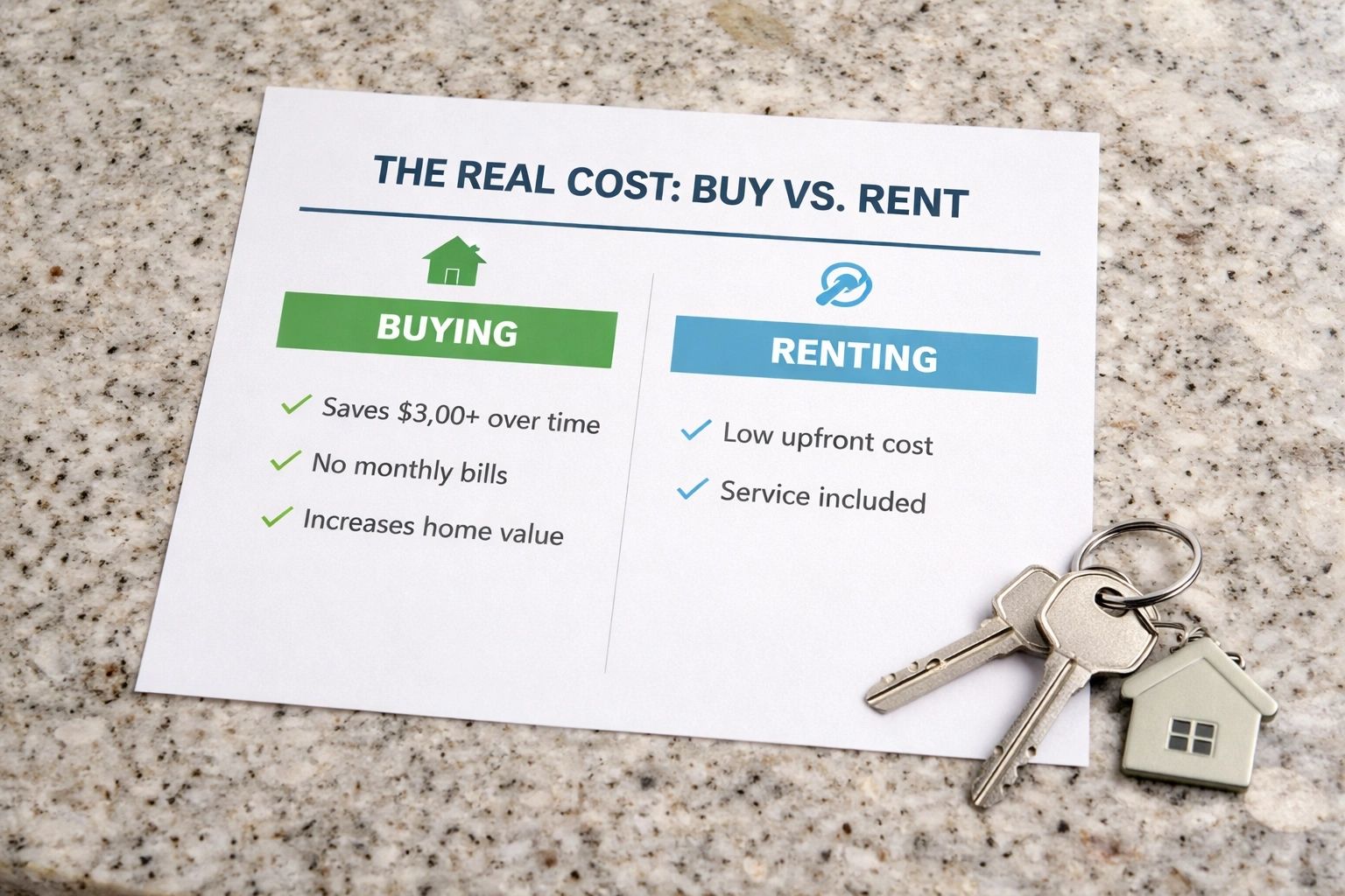 Illustrated comparison of buying and renting a water heater